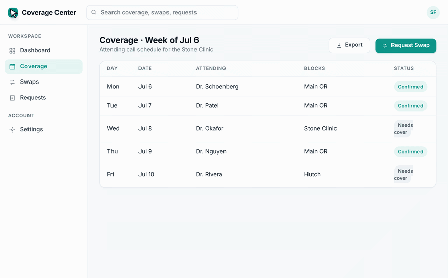 Animated walkthrough of the Coverage Center demo app